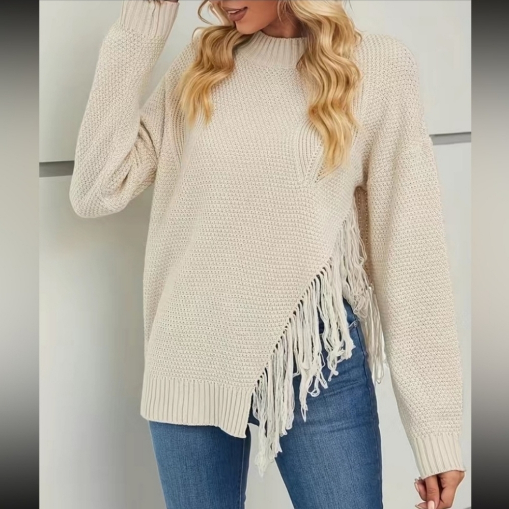 Elegant Bohemian Long Sleeve Sweater with Tassel Trim